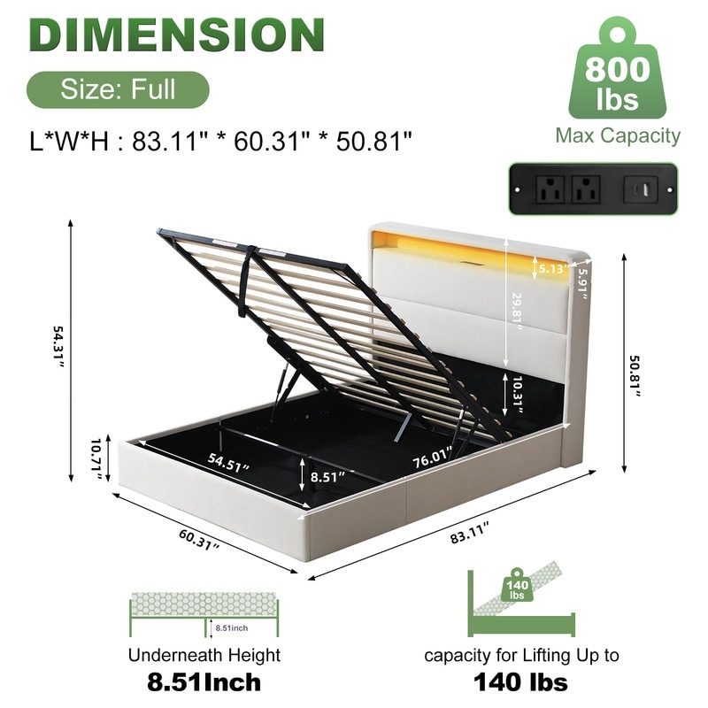 Upholstered Platform Bed With Charging Station & LED Lights