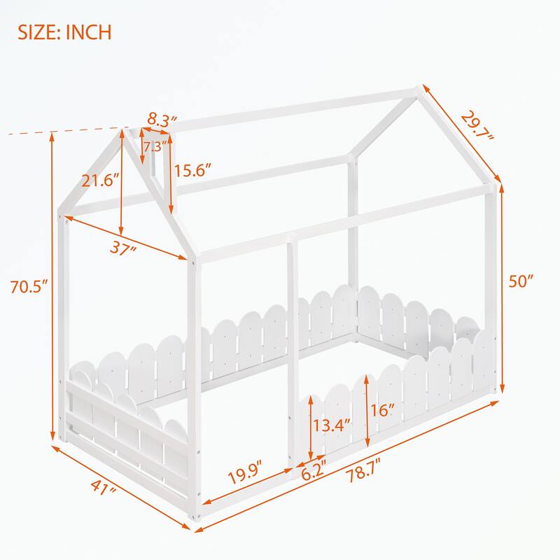 Twin Size Wood Bed House Bed Frame with Fence