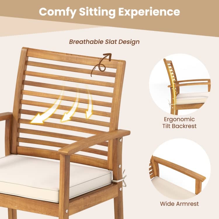 Natural Acacia Wood Patio Dining Chairs with Cushions Set of 2 Outdoor - 22.5" x 21.5" x 34"