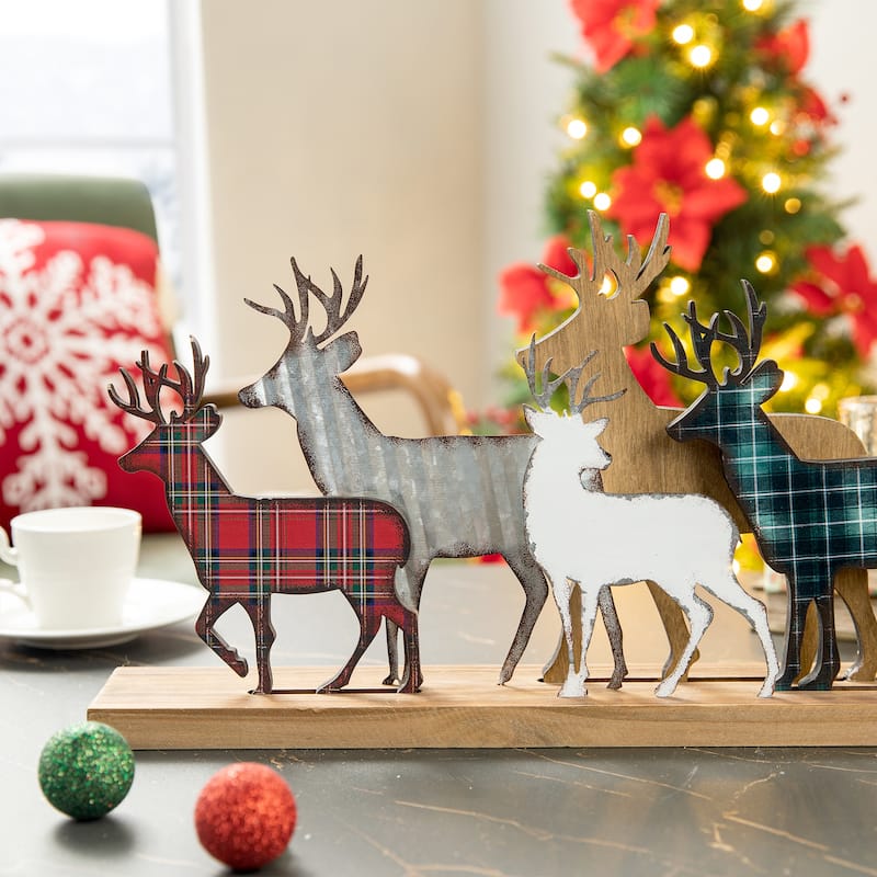 Glitzhome Christmas Galvanized Metal Wooden Reindeer Figurine Table Decor