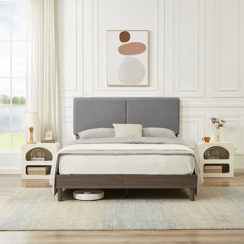 Javlergo Upholstered Bed Frame with Linen Fabric Adjustable Headboard, Strong Wood Slats Supports, No Box Spring Needed