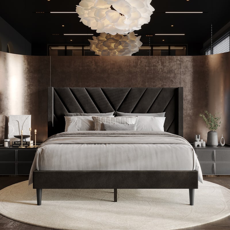 CraftPorch Sophisticated Wingback Upholstered Velvet Bed