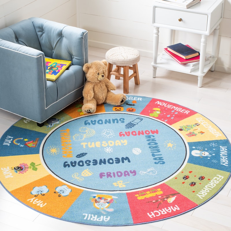 SAFAVIEH Kids Playhouse Machine Washable Slip Resistant Sheetal Rug - 5' Round - Blue/Green - Round
