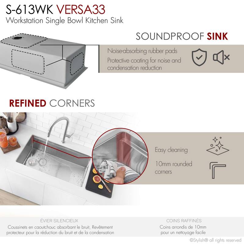 Undermount 33" Workstation Single-Bowl Stainless Steel Kitchen Sink