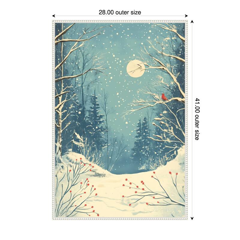 Red Bird in Snowy Forest by Pictufy Studio Framed Canvas Wall Art Print - Sylvie Beaded White - 28 x 41 in