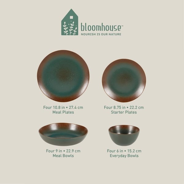 Bloomhouse Palermo Sun 16 Piece Double Bowl Stoneware Reactive Glaze Plates and Bowls Dinnerware Set - Blue