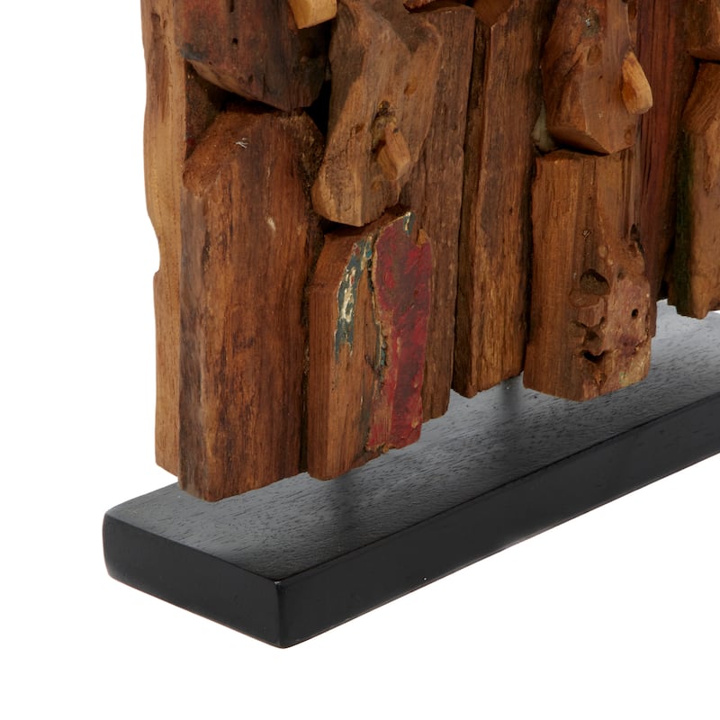 Brown Teak Wood Handmade Carved Abstract Decorative Sculpture with Faces - 13 x 4 x 16