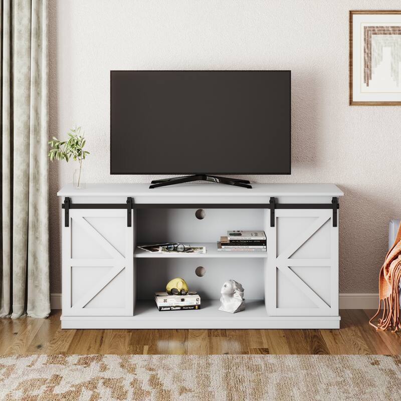 Farmhouse Wood TV Stand with Sliding Barn Door