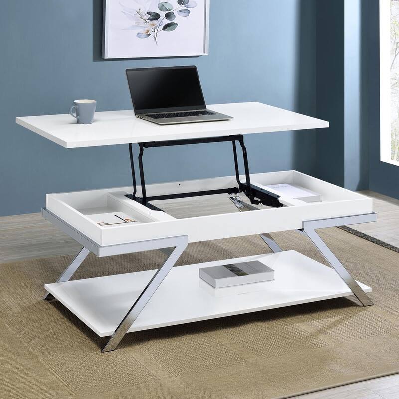 Matos White High Gloss and Chrome Rectangular Lift Top Coffee Table