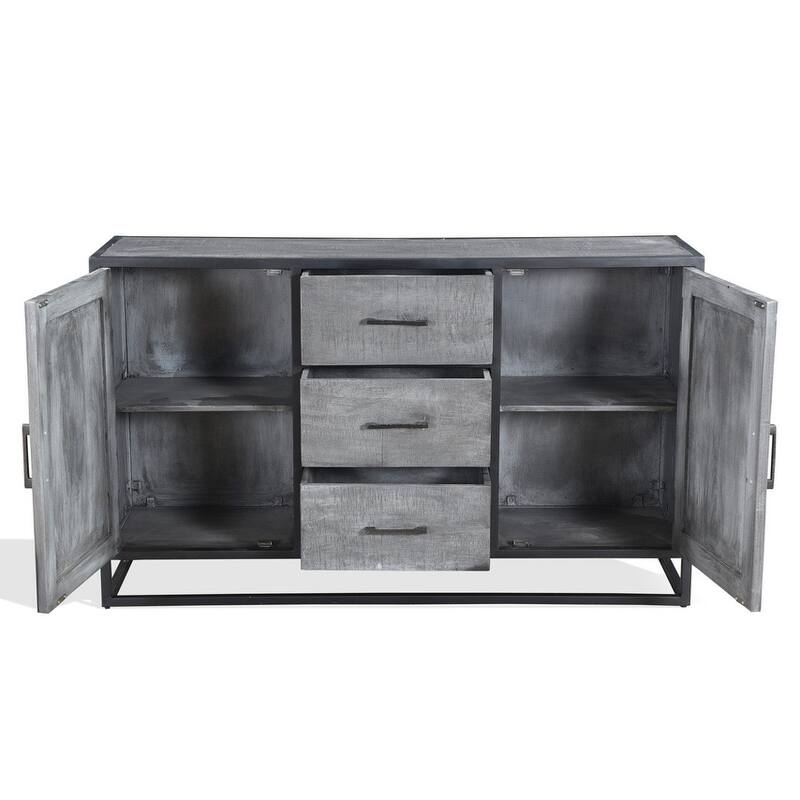 Grey Mango Wood Sideboard Cabinet With Black Iron - 60"