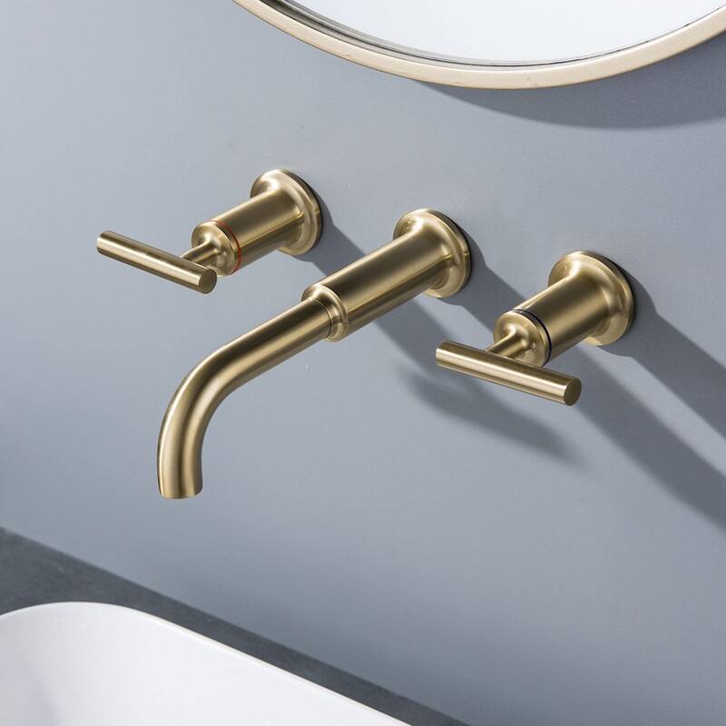 Long Spout Reach Double Handle Wall Mount Bathroom Sink Faucet, Black - Gold