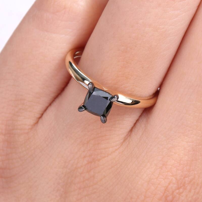 Miadora 1ct TDW Cushion-cut Black Diamond Solitaire Engagement Ring in 14k Yellow Gold
