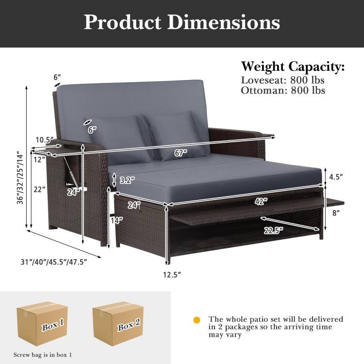 Patio Rattan Daybed with 4-Level Adjustable Backrest and Retractable Side Tray - 31" x 67" x 36"