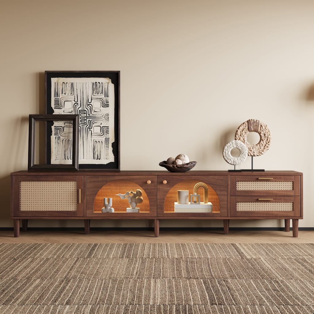86 Inch TV Stand, Entertainment Center with LED Lights and 2 Drawers & Glass Door Storage, Modern Media Console for Living Room