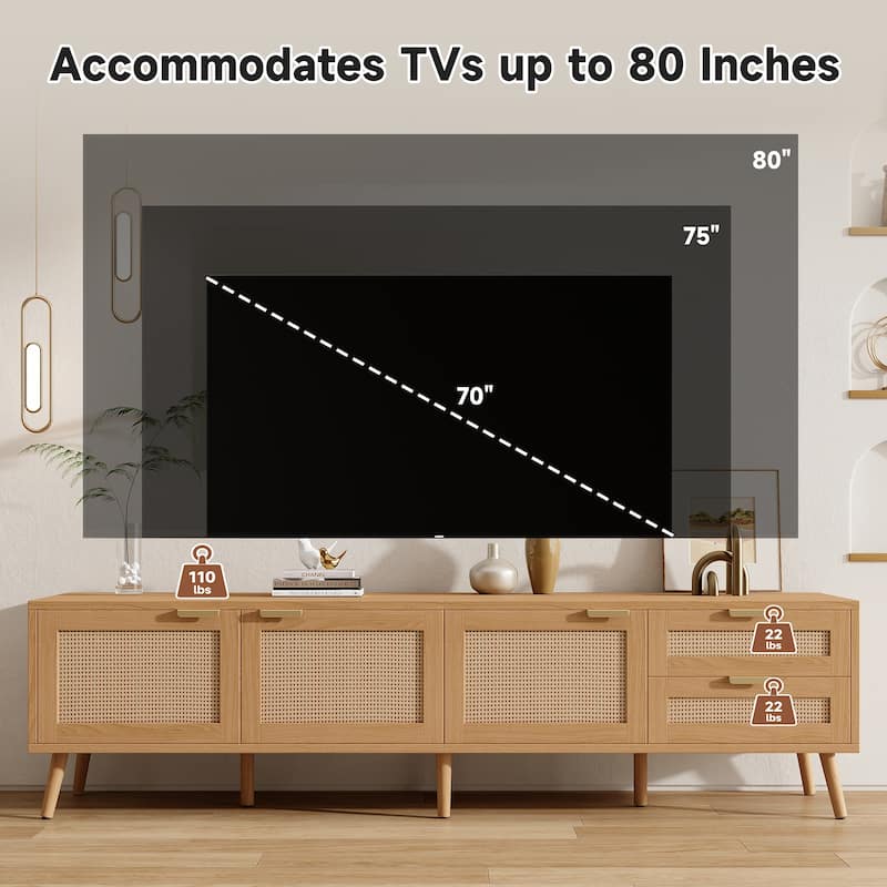 70inch Modern TV Stand with Rattan Doors for TVs up to 80", Media Console with Storage Space, 2 Drawers & Cable Holes