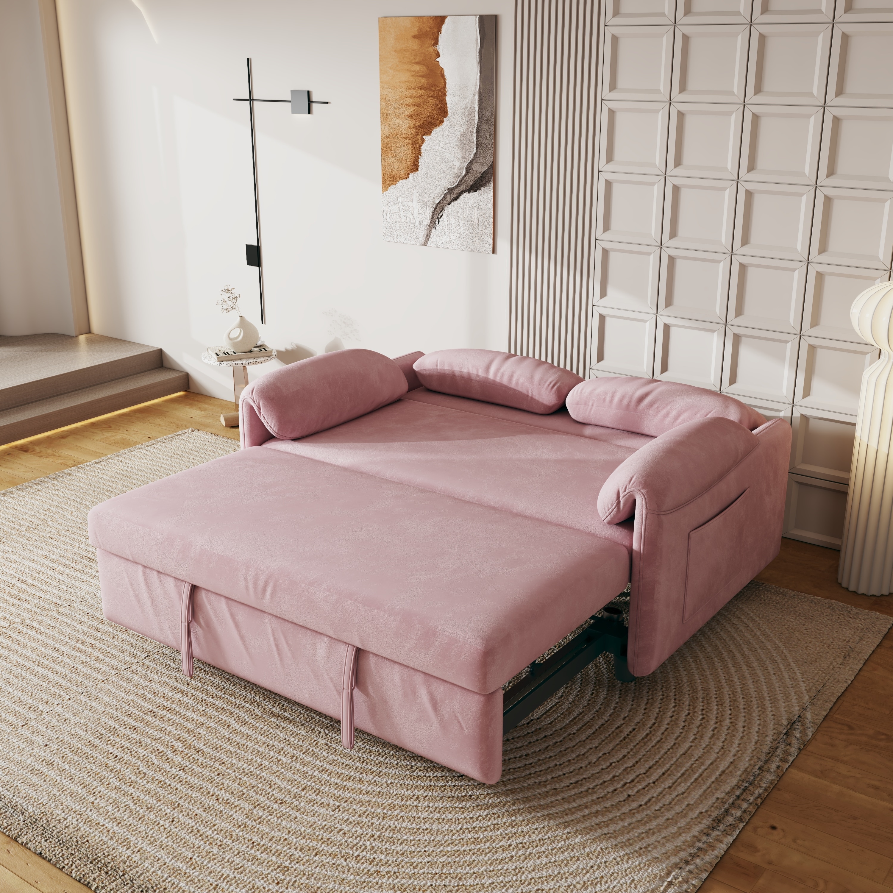 3 in 1 Convertible Sleeper Sofa Bed, Velvet Pull Out Couch Bed, Loveseat Sofa with Reclining Back & Pillows Armrests