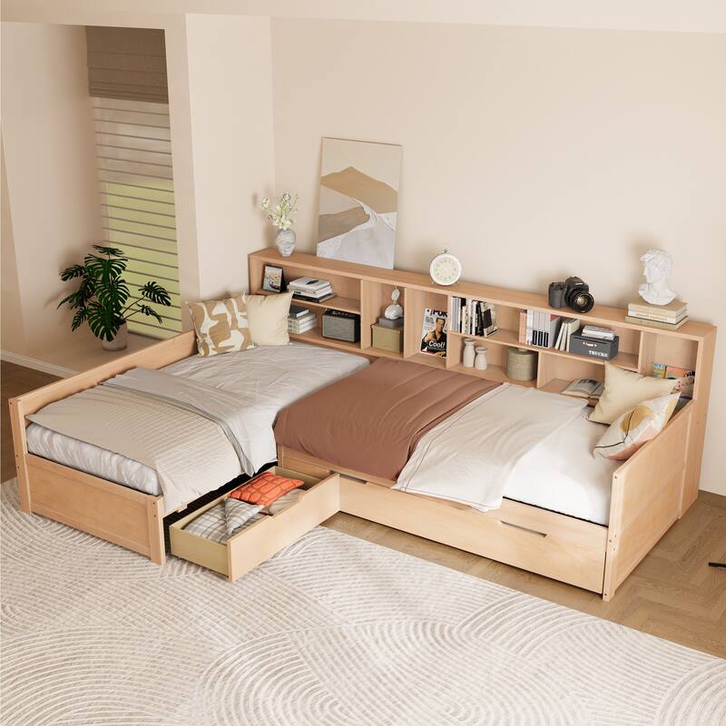 3-in-1 Bookcases Daybed L Shape Corner Sofa Bed Frame Wood Captains Bed with Underbed Trundle and Storage Drawer, Space-Saving