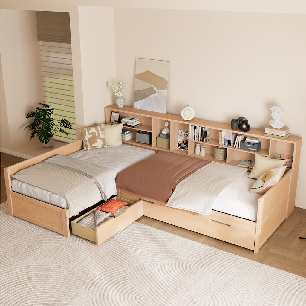 L Shaped Corner Daybed for 3 Wooden Twin Size Captains Bed with Bookcases, Under-bed Trundle Bed and Storage Drawers