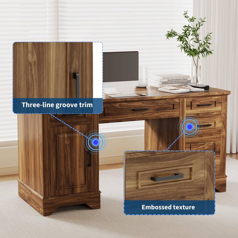 58 Inch Large Home Office Desk, Farmhouse Executive Desk with 5 Drawers & Cabinet, Modern Minimalist Wood Writing Table