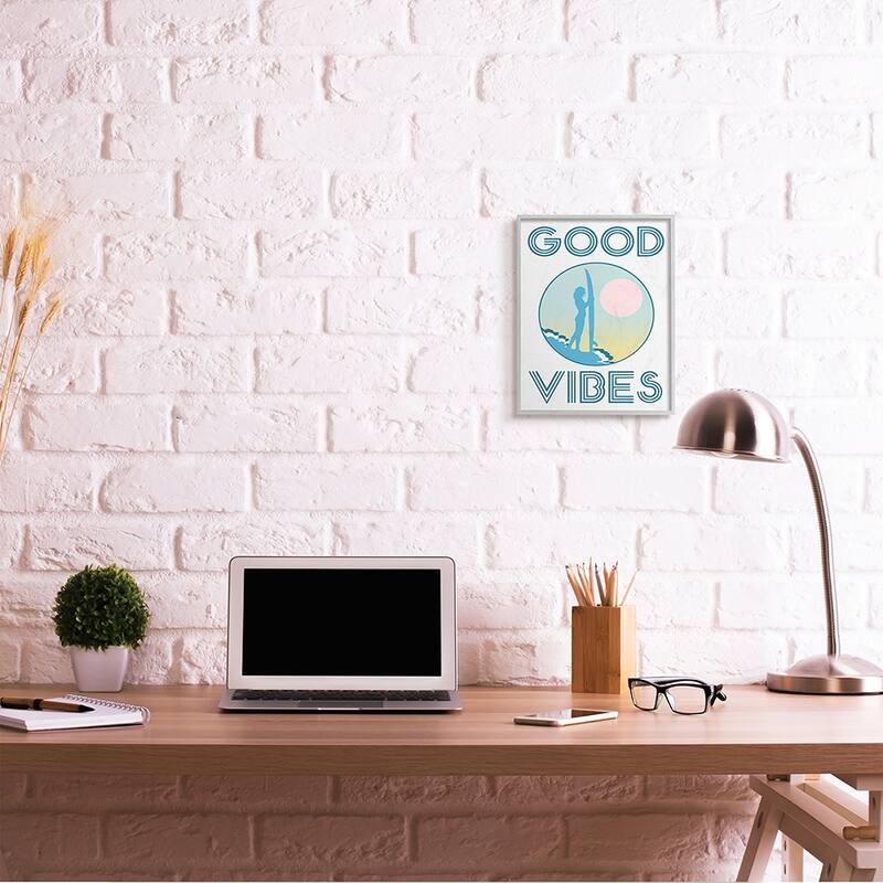 Stupell Good Vibes Text Blue Surfer Chick Sunset Framed Wall Art