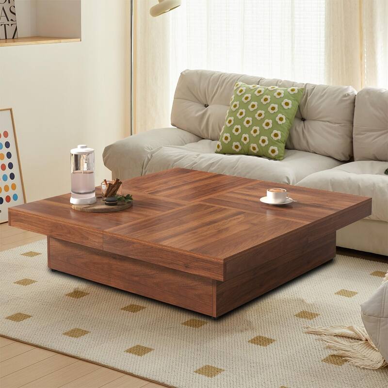 Wooden Square Coffee Table, with Four Storage Compartments Underneath Sliding Top - Walnut
