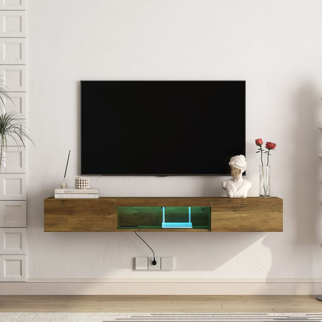 63" Floating TV Stand with Storage, LED Lights & Power Outlet for TVs Up to 60"