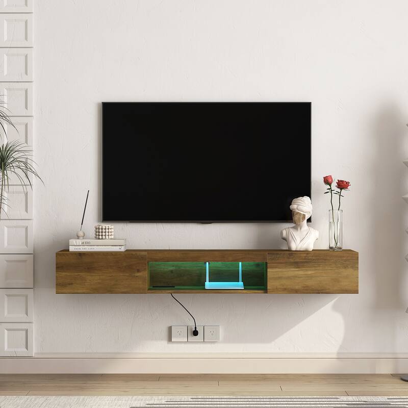 Wood 63" Floating TV Stand with Storage, LED Lights & Power Outlet for TVs Up to 60" - Wood