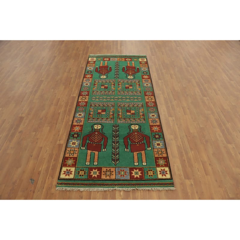 Hand-knotted Traditional Wool Green Geometric Oriental Area Rug - 10' 1'' X 4' 1''