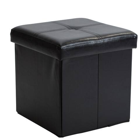 Simplify Black Leather Folding Storage Ottoman Cube - 15" x 15" x 15"