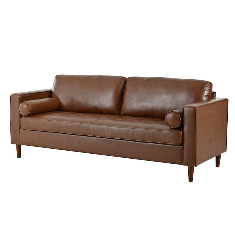 Mid-Century Modern PU Leather 3-Seat Sofa, Tufted Design, Solid Wood Legs, 2 Bolster Pillows, Comfortable sofa