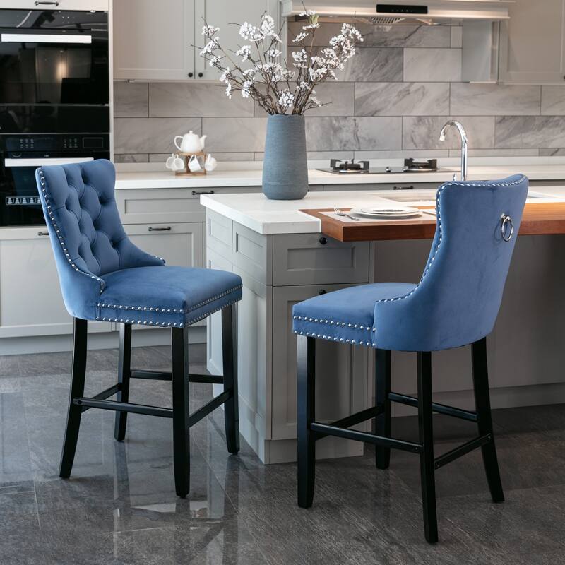 Set of 2 Contemporary Velvet Bar Stools with Button Tufting, Wood Legs & Chrome Nailhead Trim - Leisure Style Bar Chairs - Blue