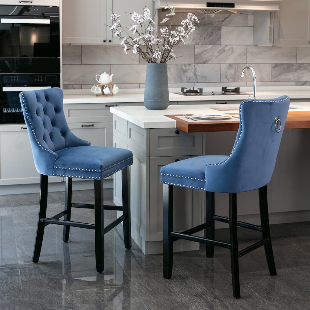 Set of 2 Contemporary Velvet Bar Stools with Button Tufting, Wood Legs & Chrome Nailhead Trim - Leisure Style Bar Chairs - Blue
