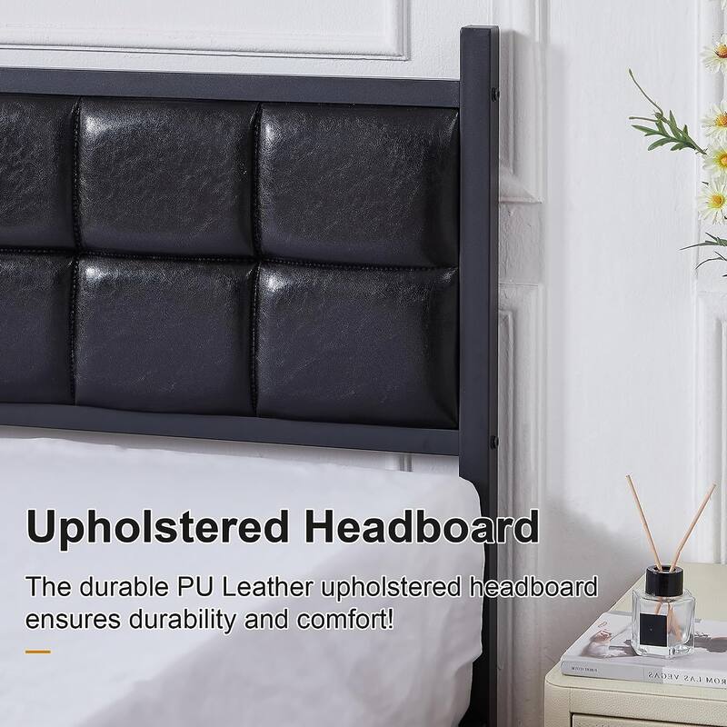 Javlergo Metal Bed Frame with PU Upholstered Headboard, No Box Spring Needed