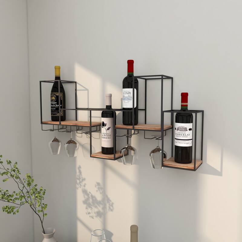 Black Metal 7 Bottle Geometric Wall Wine Rack with 5 Glass Holder Slots
