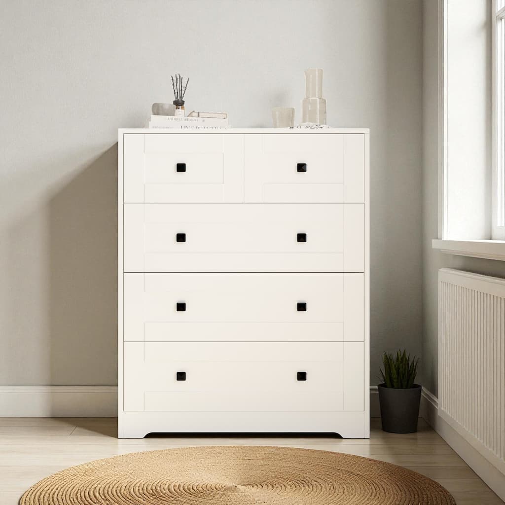 White 5-Drawer Chest Farmhouse Dresser Storage Cabinet Modern Chest of Drawers for Bedroom Living Room Organizer