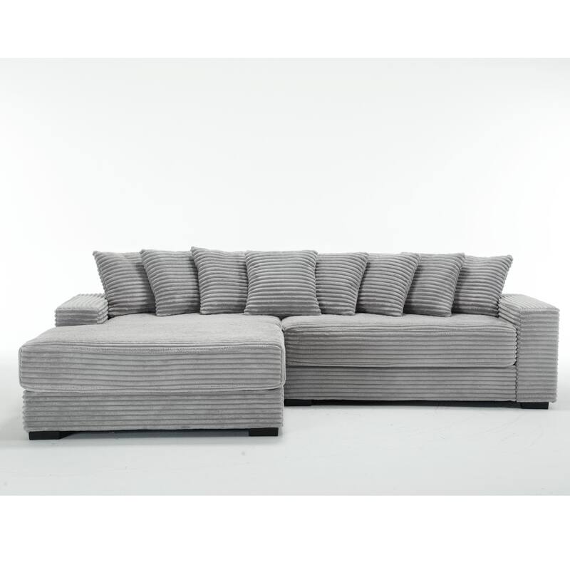 L Shaped Sectional Sleeper Sofa Corduroy Corner Sofa with Chaise Lounge and 8 Throw Pillows, Oversized Modular Daybed