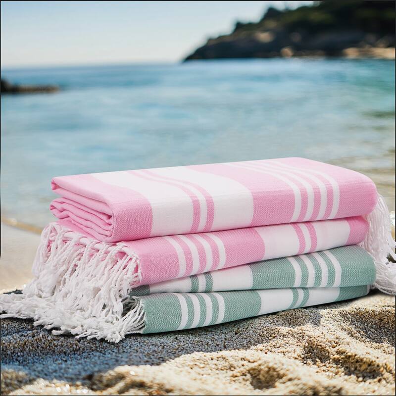 Oceanfront Resort Salty Stripe 4 Pack Sand Free Beach Towel - 2 Green - 2 Pink