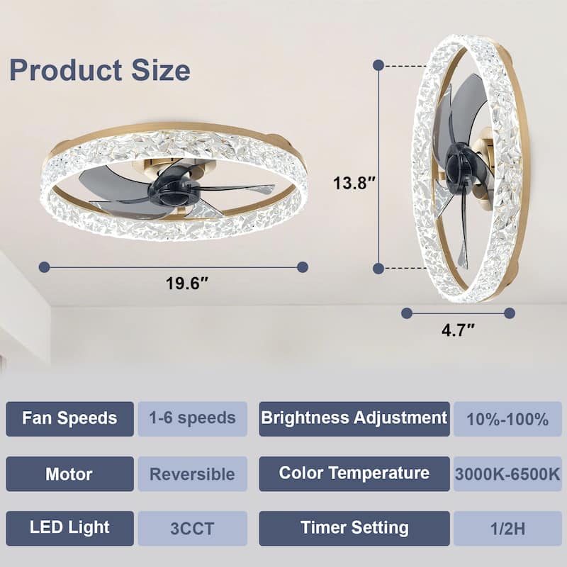 Low Profile Ceiling Fan with Light: 20-16 Inch, App Remote Control, Dimmable 3 CCT LED, 6 Wind Speeds, Ultra Quiet