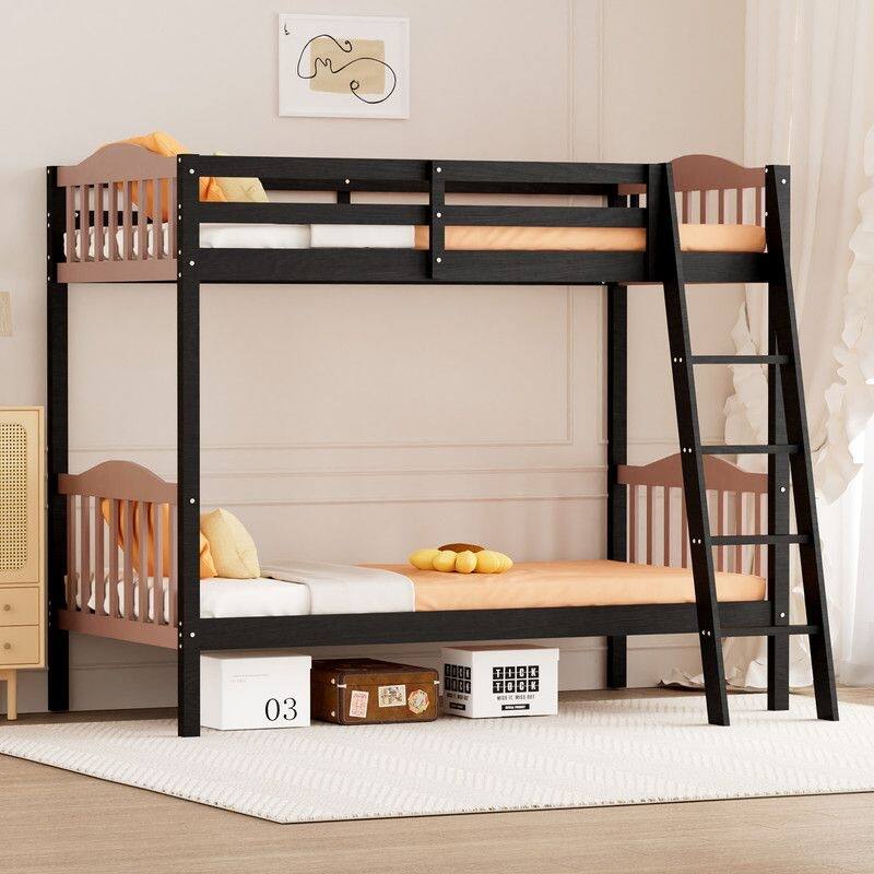 Twin Over Twin Solid Wood Bunk Bed for Kids and Adults, No Box Spring Required - Black and Brown - Twin