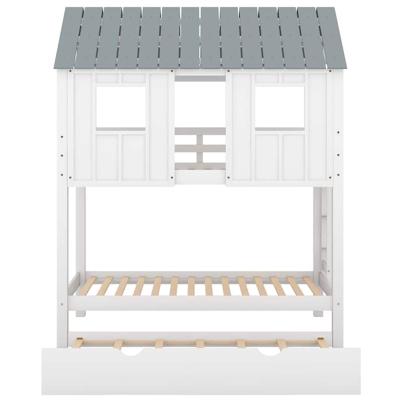 House Bunk Bed with Trundle,Roof and Windows