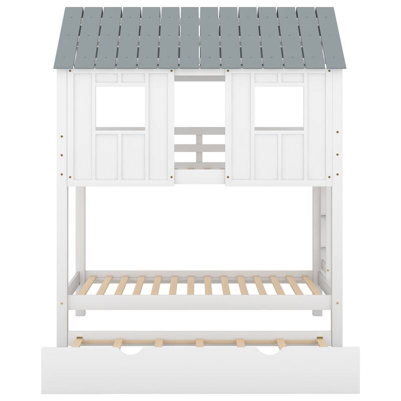 Twin Size House Bunk Bed with Roof and Windows, Space-Saving Design, Solid Wood Kids Bunk Bed Frame with Trundle & Guardrails