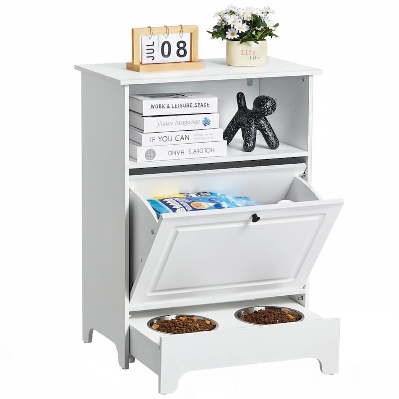 Pet Feeding Station with 2 Stainless Steel Bowls, Elevated Dog Bowls with Storage, Dog Food Storage and Feeder Station - White