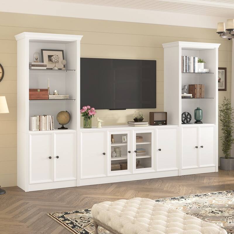 Modern 128.2" Wall Unit Entertainment Center for TVs up to 80", TV Stand Media Console with Bookshelves and Glass Cabinets