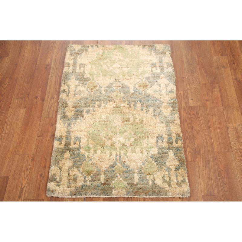 Hand Knotted Oriental Jute Carpet Modern Abstract Beige & Ivories Moroccan Area Rug - 3' 0'' X 2' 0''