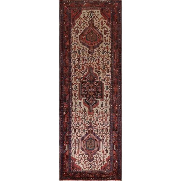 slide 1 of 20, Vintage Geometric Hamedan Persian Runner Rug Hand-knotted Wool Carpet - 3'4" x 10'10"