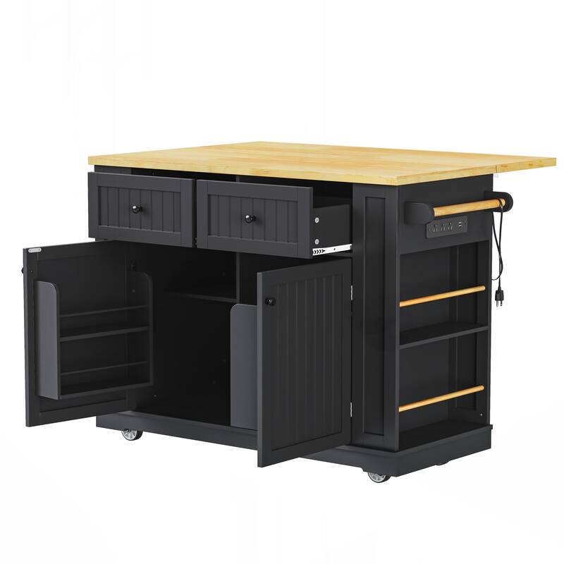 Kitchen Island with 2 Bar Stools, Power Outlet, Door Internal Storage Rack, Kitchen Storage Cart on 5 Wheels with Drop Leaf