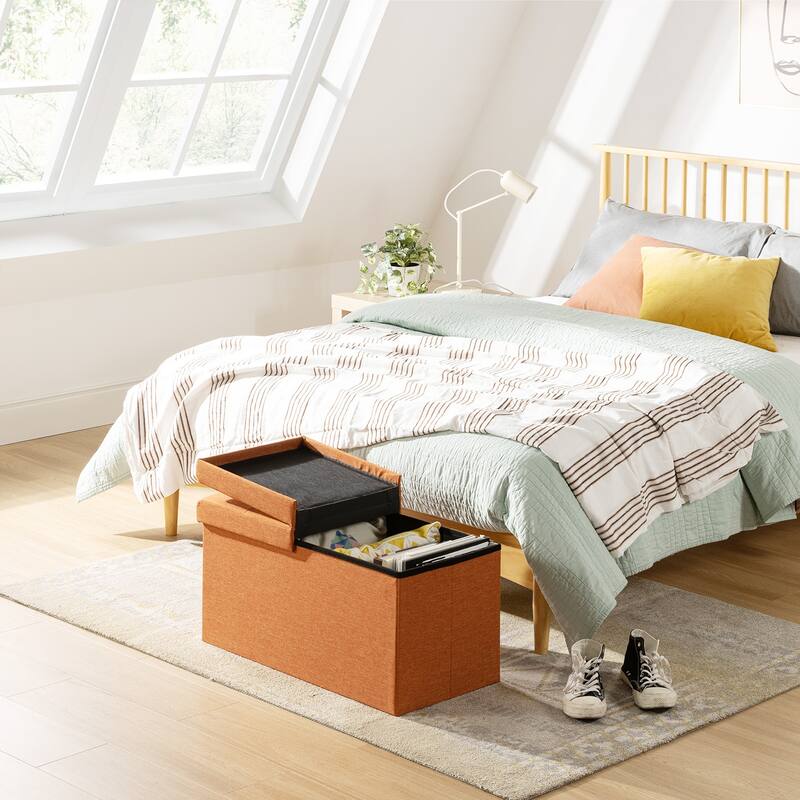 30 Inch Smart Lift Top Button Tufted Fabric Storage Ottoman by Crown Comfort