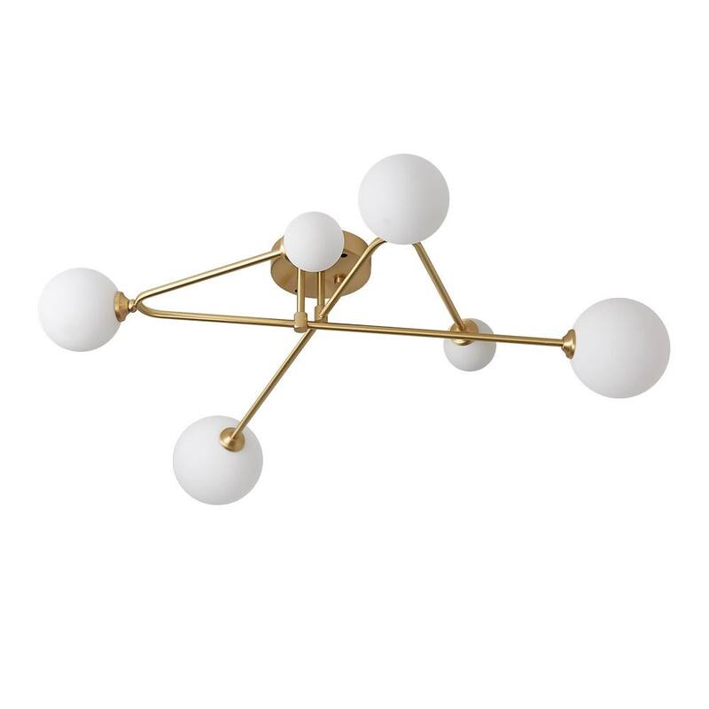 6-Light Brass Geometric Arm Opal Glass Globe Semi Flush Mount