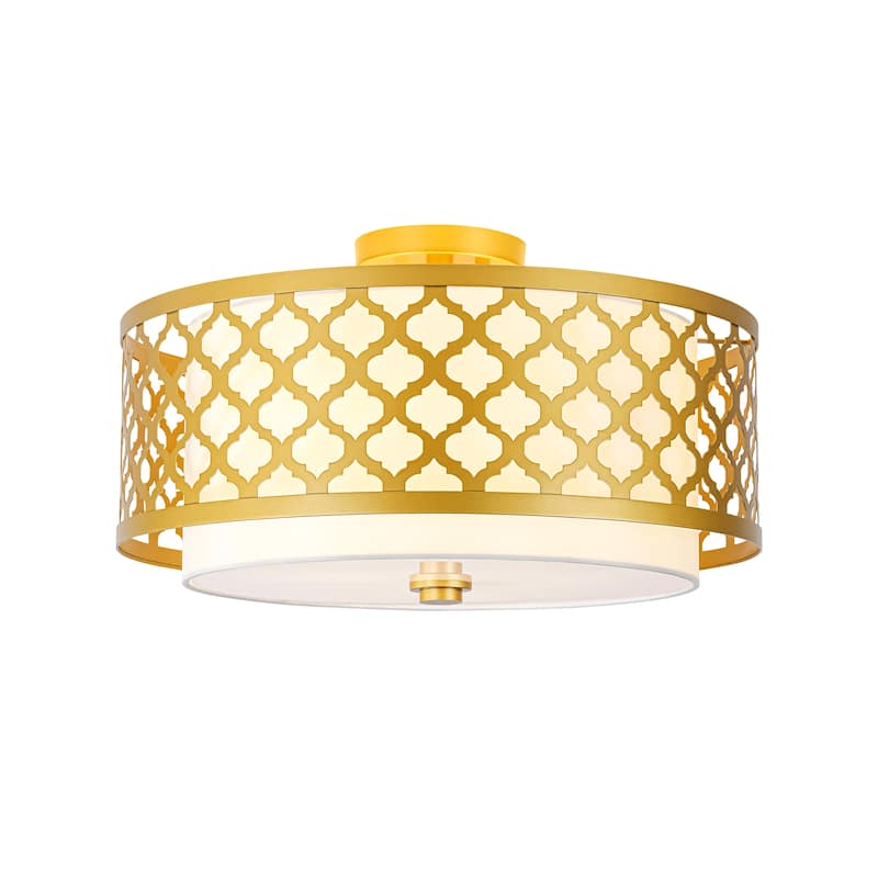 3-light Modern Gold Cylinder Drum Fabric Semi-Flush Mount Light - 17.7 in. W x 9.7 in. H
