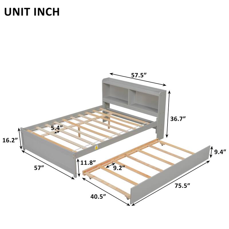 Full/Twin Storage Bed with Trundle and Bookcase Headboard, Pine Wood Bed Frame with Shelves, Space-Saving Design